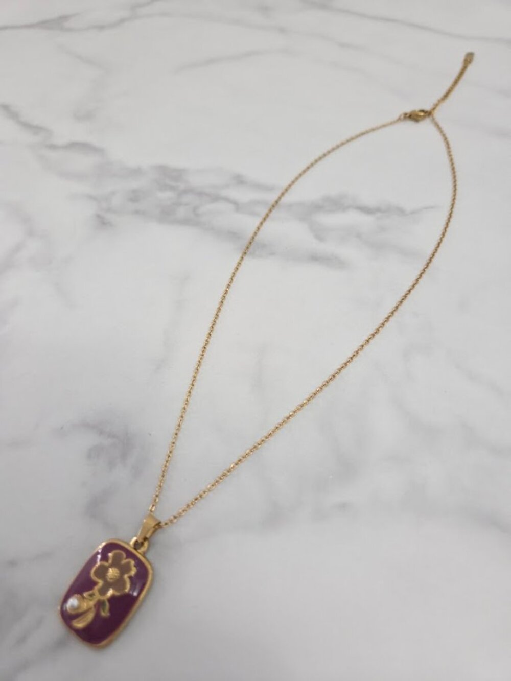 Gold Purple Enamel Flower Pendant Necklace Dainty Pearl Accent Jewelry - Picture 4 of 13